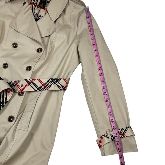 IMAN Women's Trench Coat Medium Beige Cotton Belted Double Breasted Plaid Trim - Picture 11 of 13